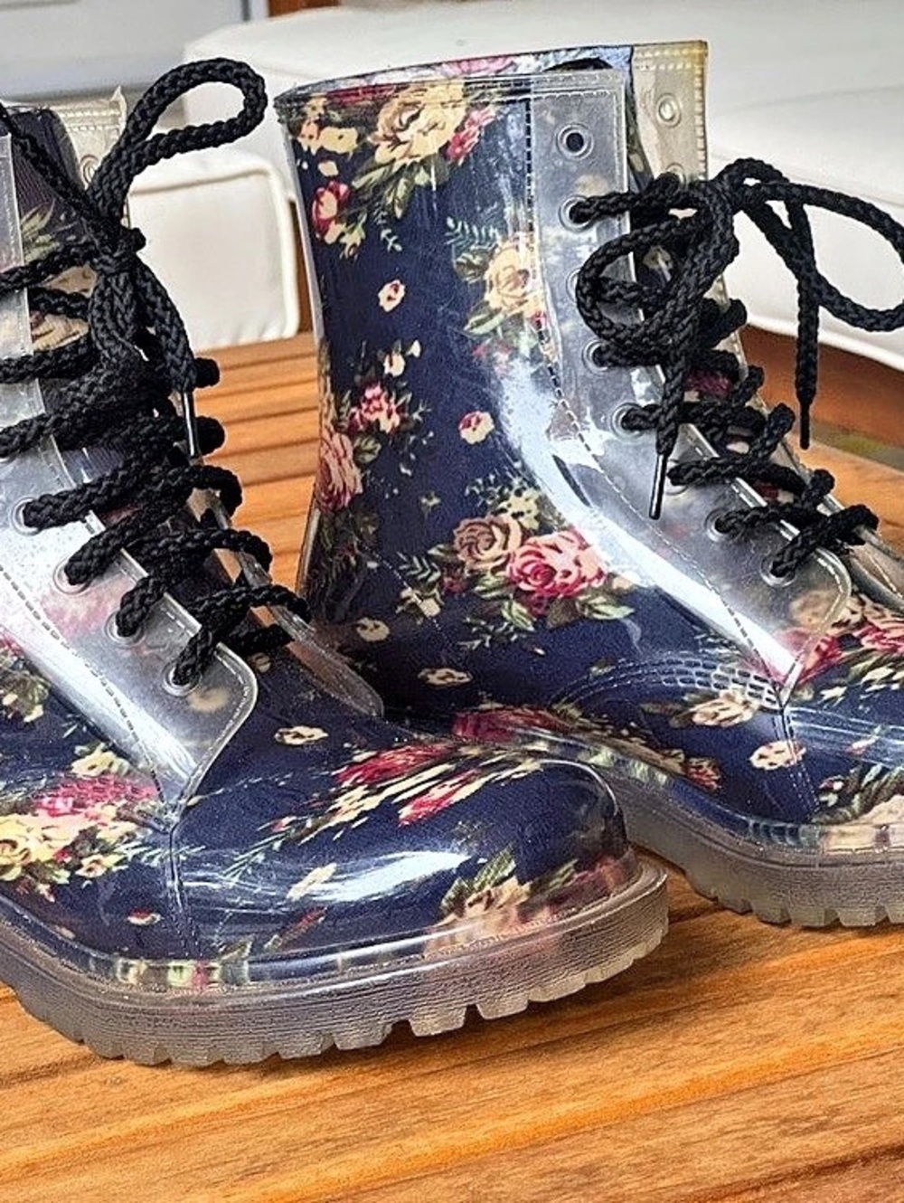 Vintage Floral Lace-Up Rain Boots
